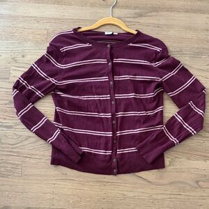 Striped Burgundy Button-Up Cardigan. Medium. Burgundy and light pink. Euc